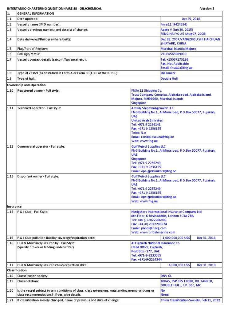 Fnsa 11 - Q88 (Oil-Chemical) - 25oct2018 | PDF | Tonnage | Shipping