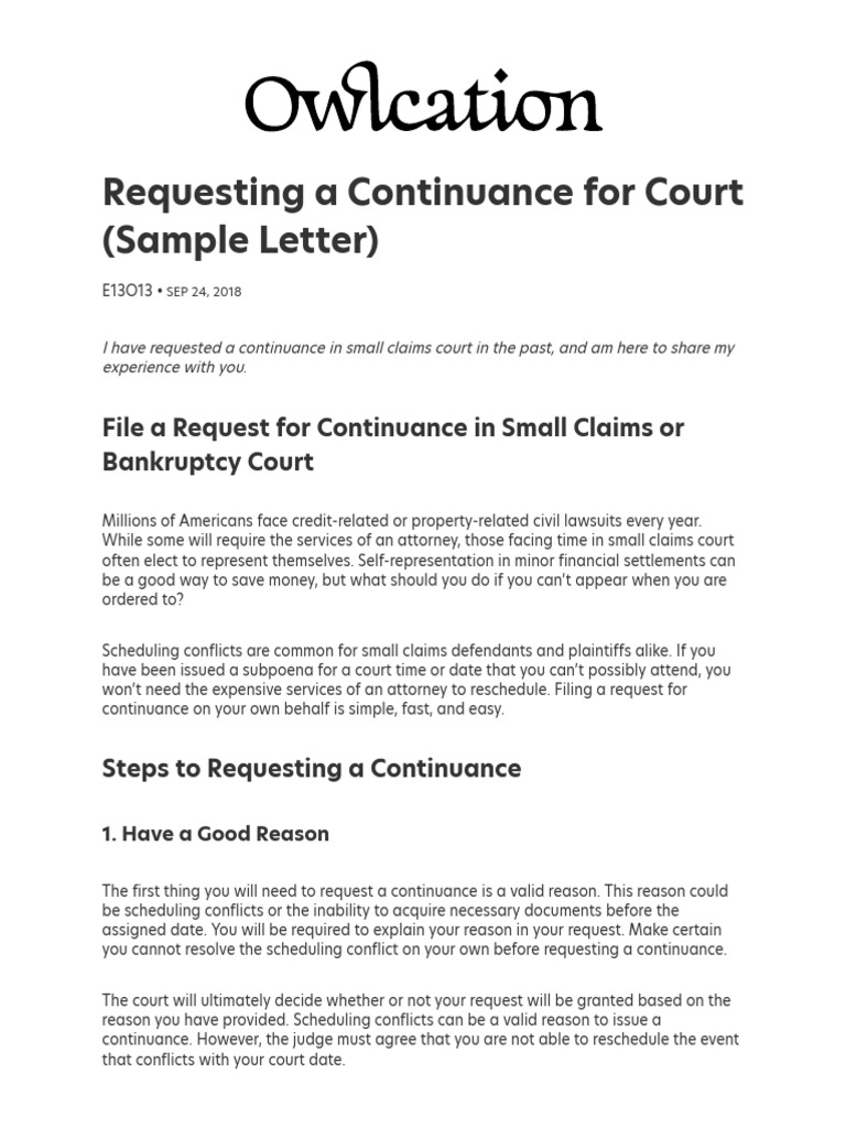 Requesting A Continuance For Court (Sample Letter) Owlcation PDF