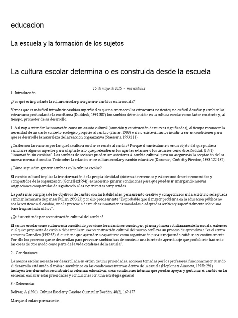 Cultura Escolar y Cambio Educativo | PDF | Aprendizaje | Plan de estudios