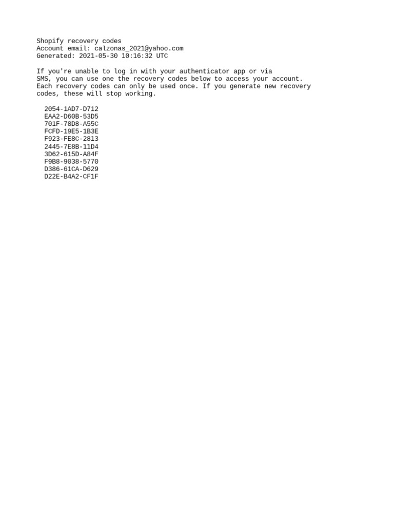 Shopify Recovery Codes PDF