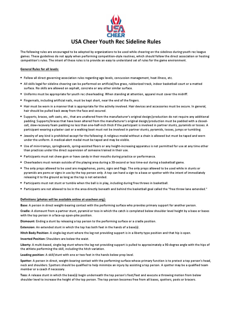 Usa Cheer Youth Rec Sideline Rules PDF Cheerleading Anatomical Terms Of Motion