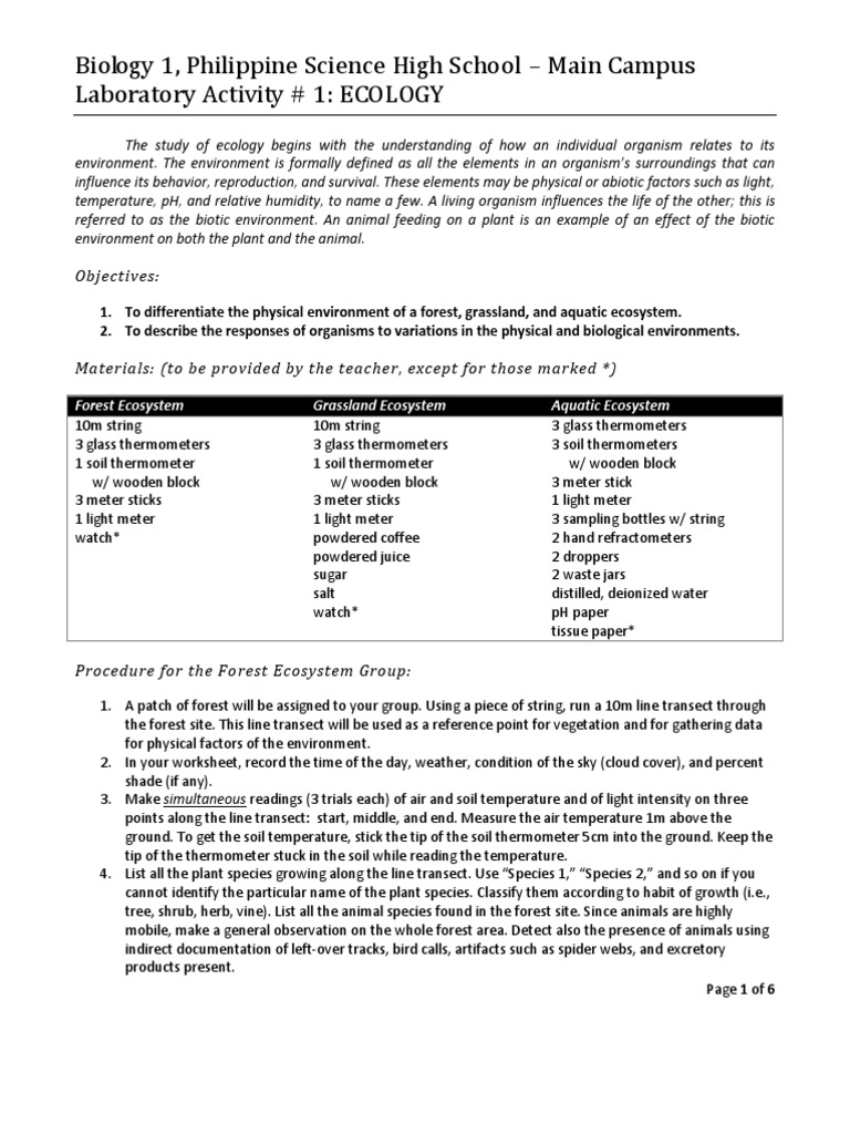 Lab Activity On Ecology PDF Ecosystem Disturbance (Ecology)