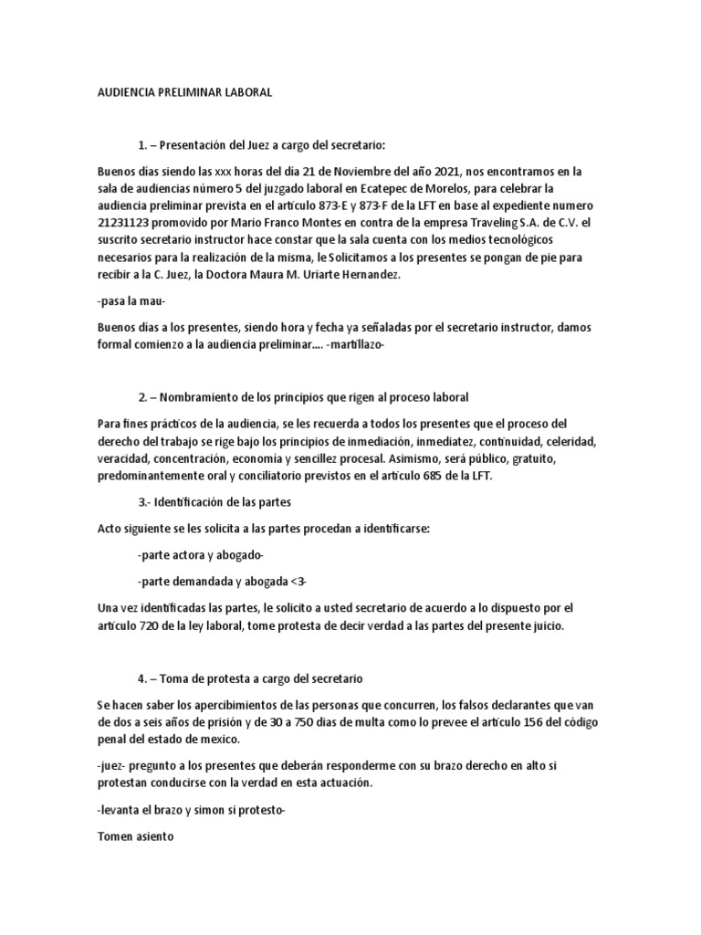 Ejemplo de Audiencia Preliminar Laboral PDF Gobierno Justicia
