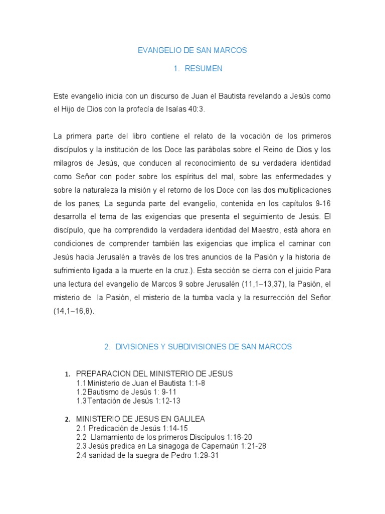 Resumen del Evangelio de San Marcos | PDF | Jesús | Evangelio de Marcos