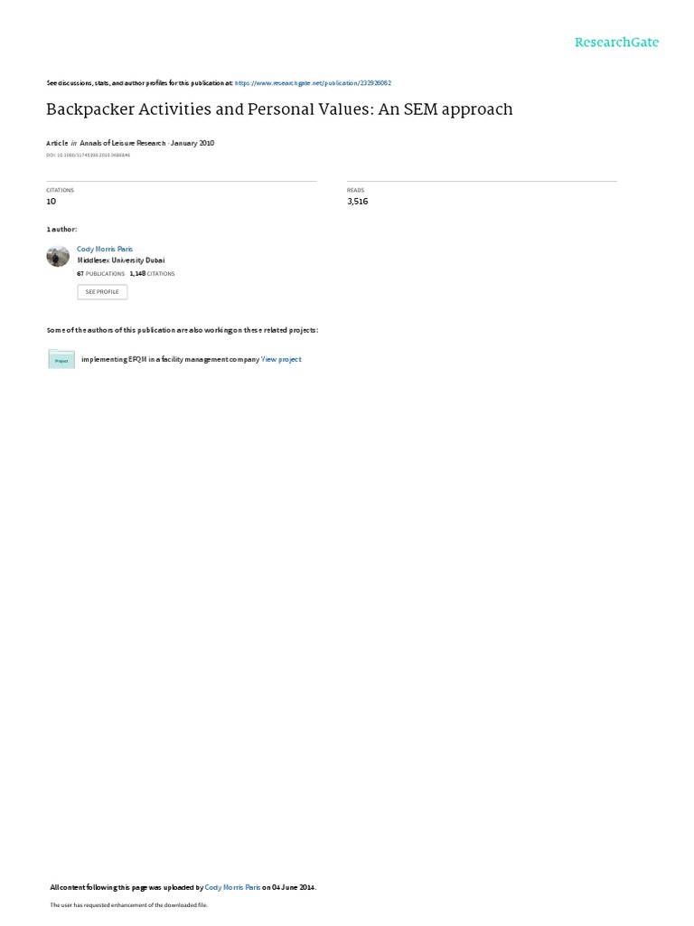 Backpacker Activities and Personal Values An SEM Approach Annals of