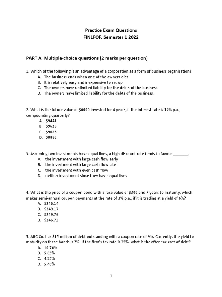 FIN1FOF Practice Exam Questions | PDF | Net Present Value | Option ...