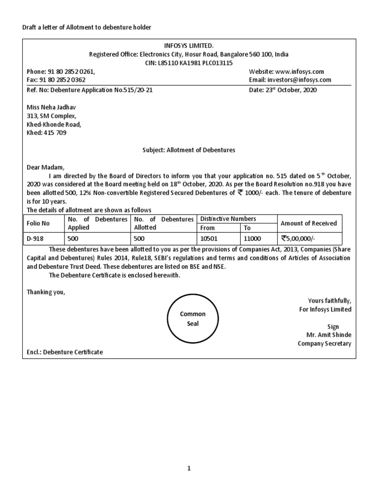 Correspondence With Debenture Holder PDF Interest Debenture