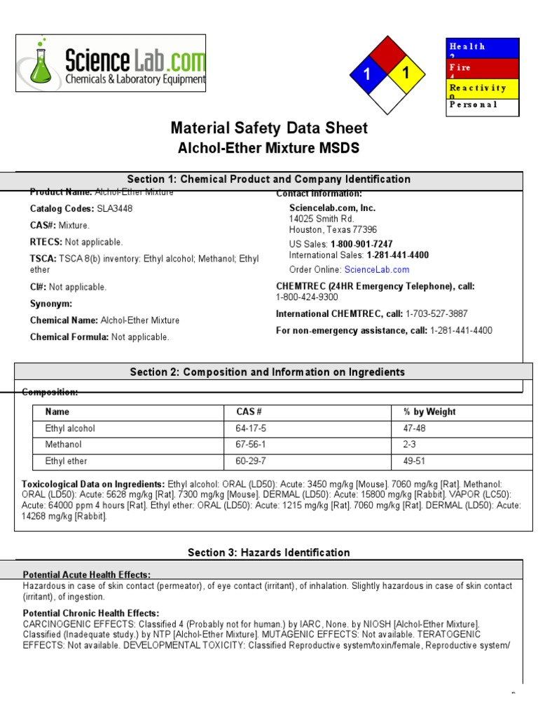1 Material Safety Data Sheet: Alchol-Ether Mixture MSDS | PDF ...