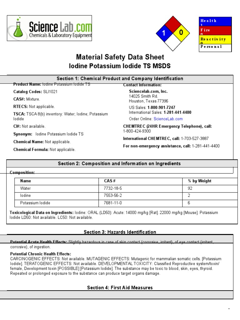 0 Material Safety Data Sheet Iodine Potassium Iodide TS MSDS