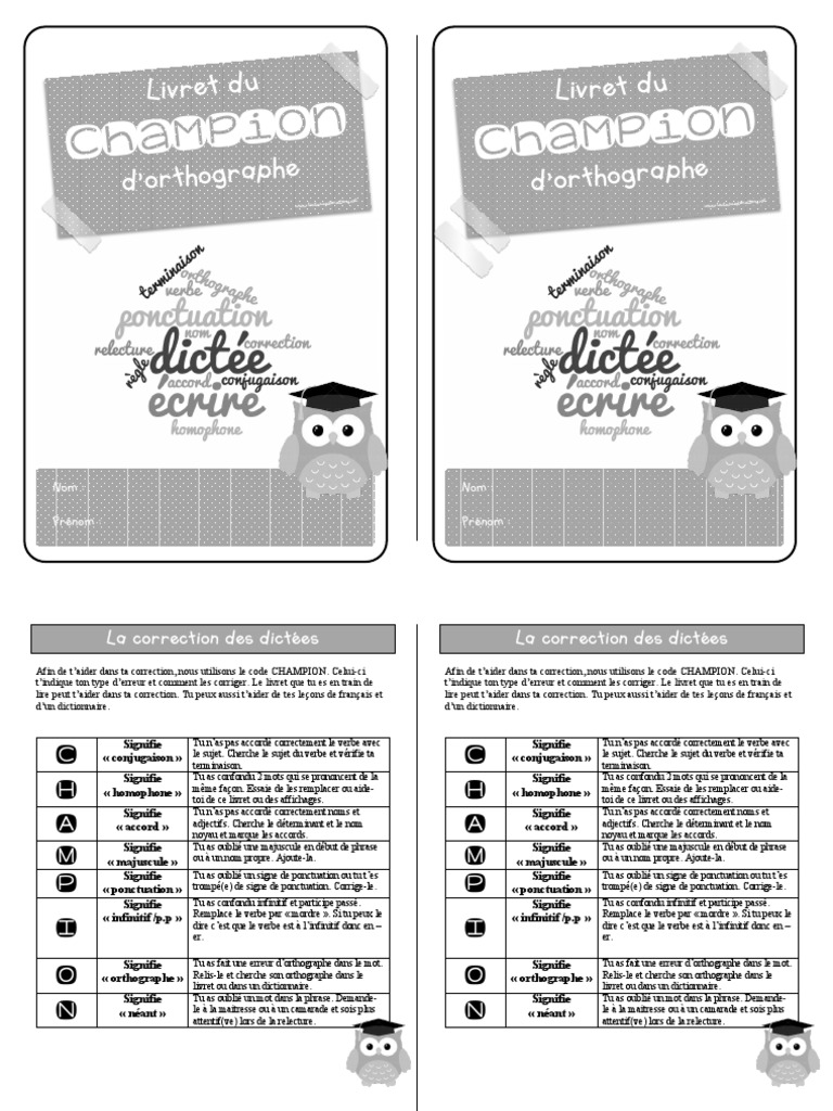 Page De Garde Cahier D appel Pinterest Livret Aide Correction Dictee Bilan | PDF | Nombre grammatical | Genre  grammatical