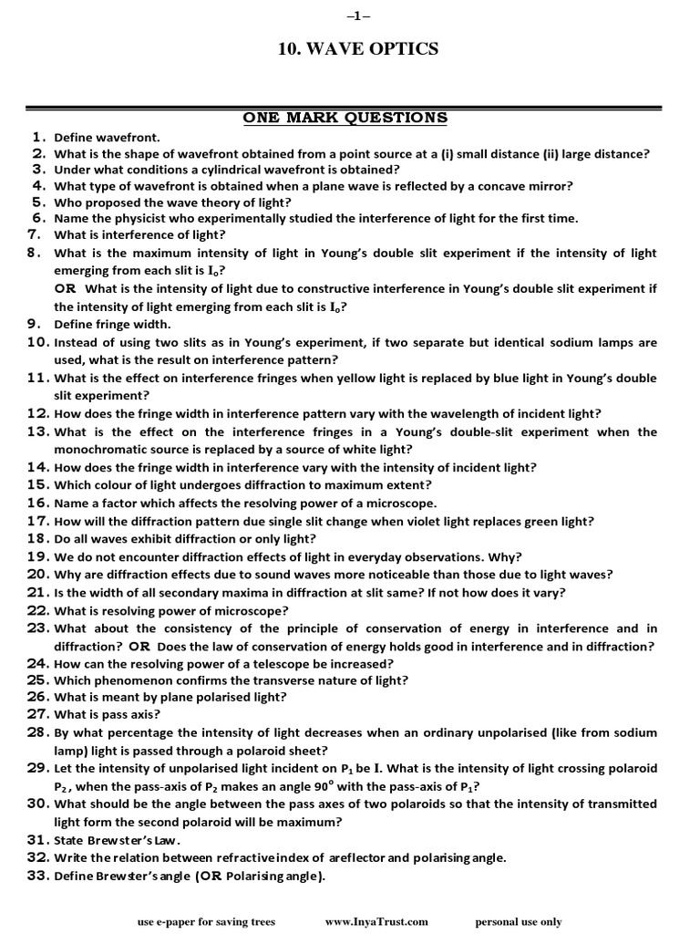 Wave Optics Inyatrust Important Questions and Answers PDF