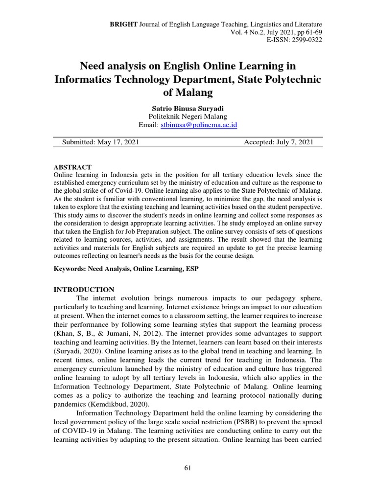 Need Analysis for Online English Learning | PDF | Educational ...