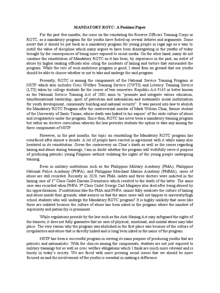 Mandatory ROTC: A Controversial Debate | PDF | Social Science