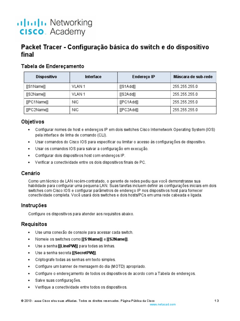 2.9.1 Packet Tracer - Basic Switch and End Device Configuration - PT BR |  PDF | Comutador de rede | Rede de computadores