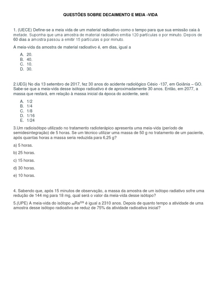 Exercícios sobre Meia-Vida e Decaimento | PDF
