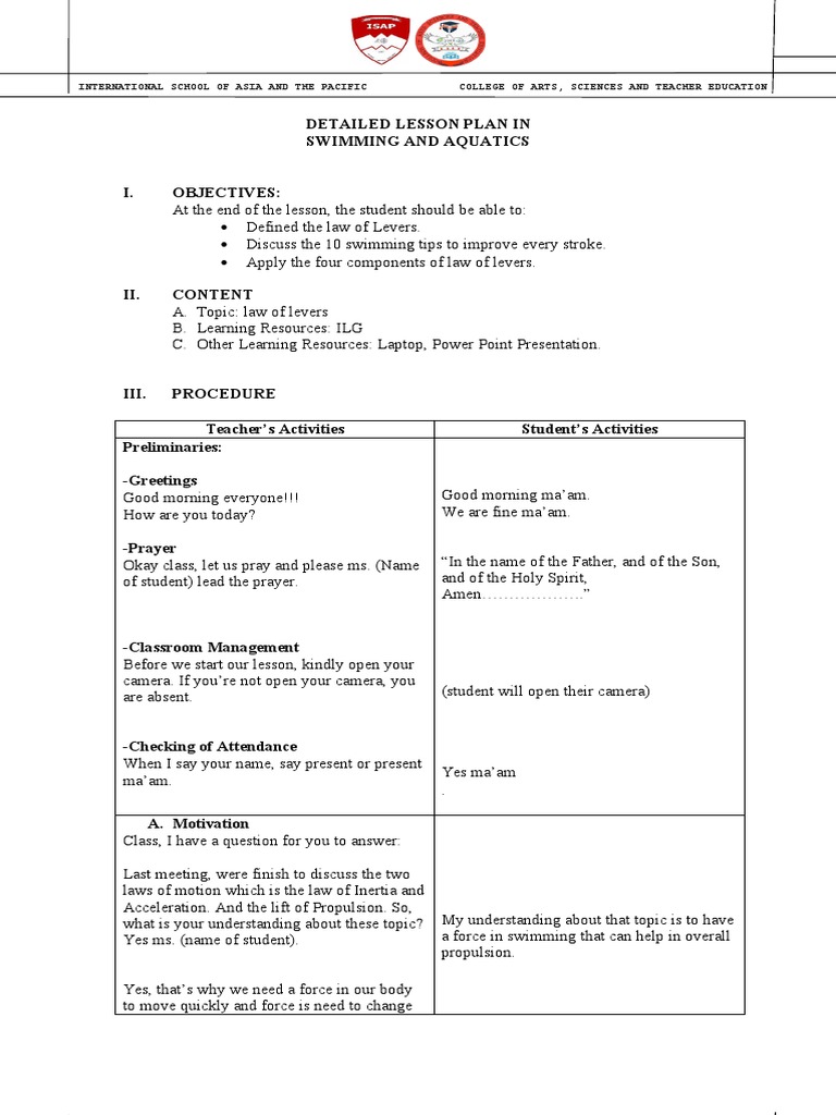 Detailed Lesson Plan in Swimming and Aquatics I. Objectives PDF