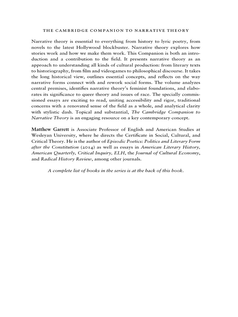 The Cambridge Companion To Narrative Theory by Matthew Garrett, PDF, Narrative