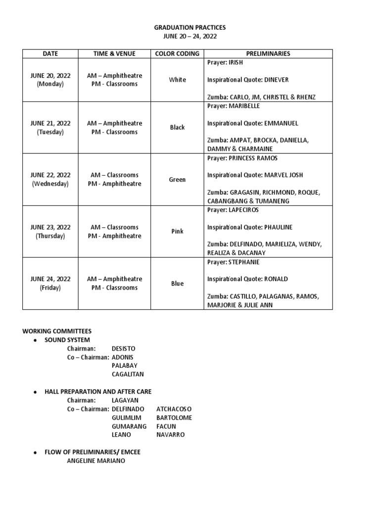 Graduation Practices Schedule 2022 | PDF