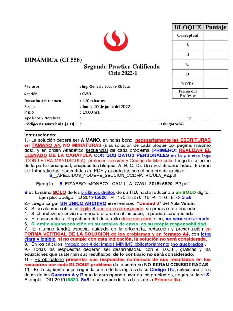 PC2 Dinamica UPC 2022 1 | PDF | Masa | Tasas temporales