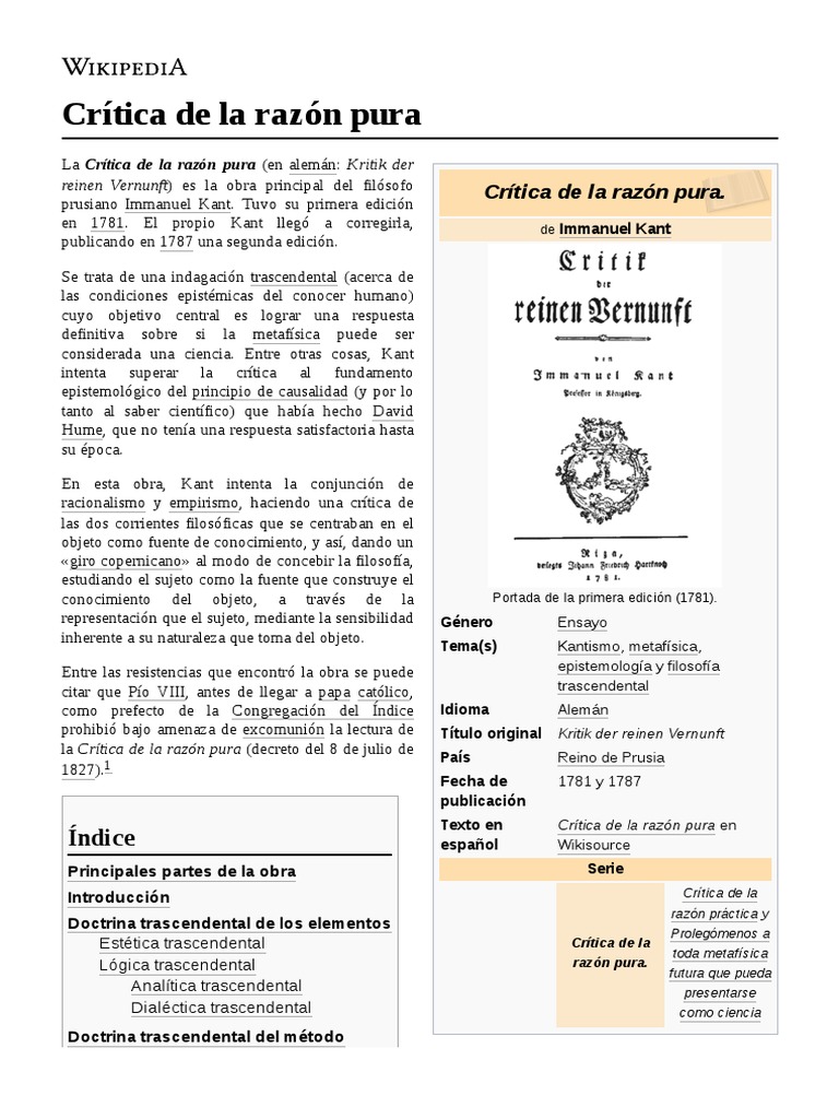 Crítica de La Razón Pura | PDF | Crítica de la razón pura | Immanuel Kant