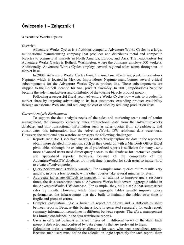 Adventure Works Cycles Overview and Challenges | PDF | Data Warehouse ...