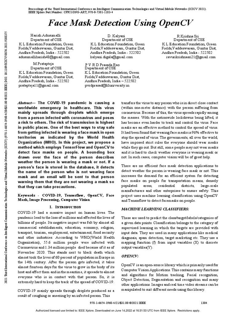 Face Mask Detection Using Opencv D. Kalyani R.Krishna Sri PDF
