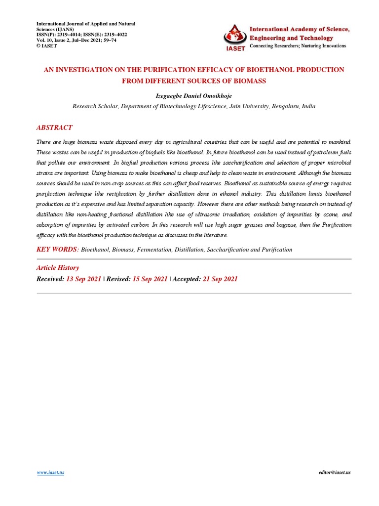 Ijans - An Investigation On The Purification Efficacy of Bioethanol ...