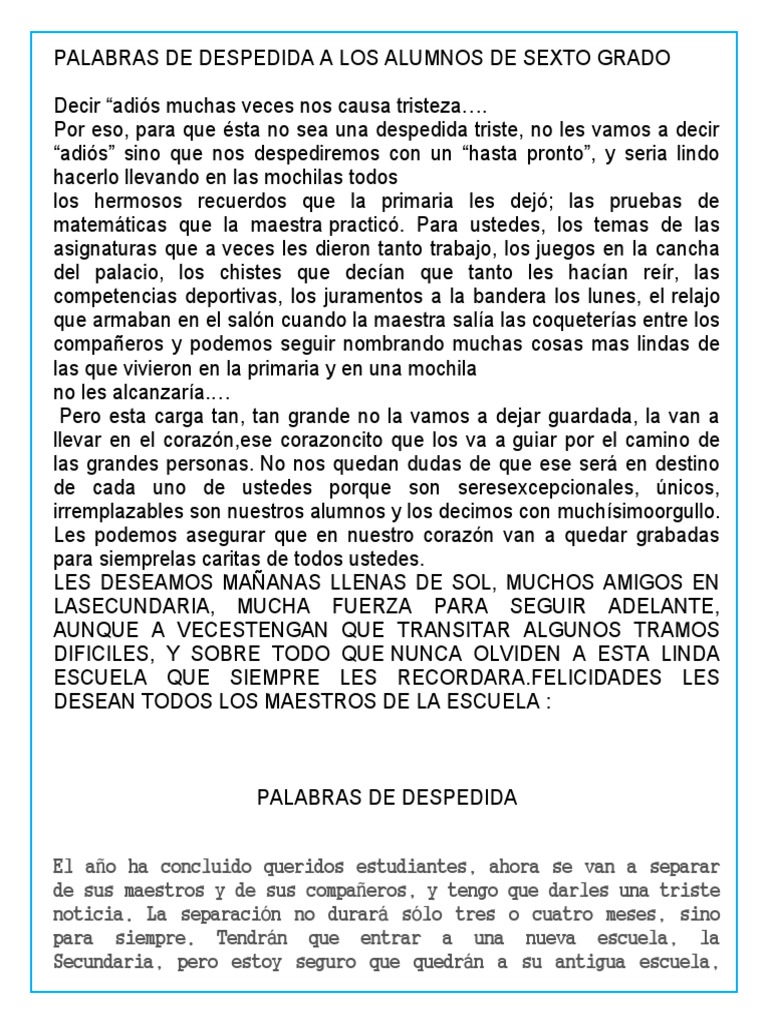 Palabras de Despedida A Los Alumnos de Sexto | PDF | Educación primaria