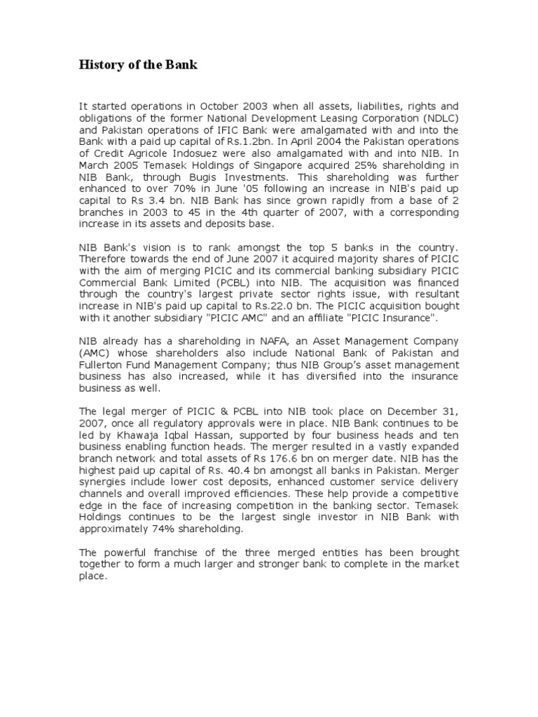 History of NIB PDF Mergers And Acquisitions Banks