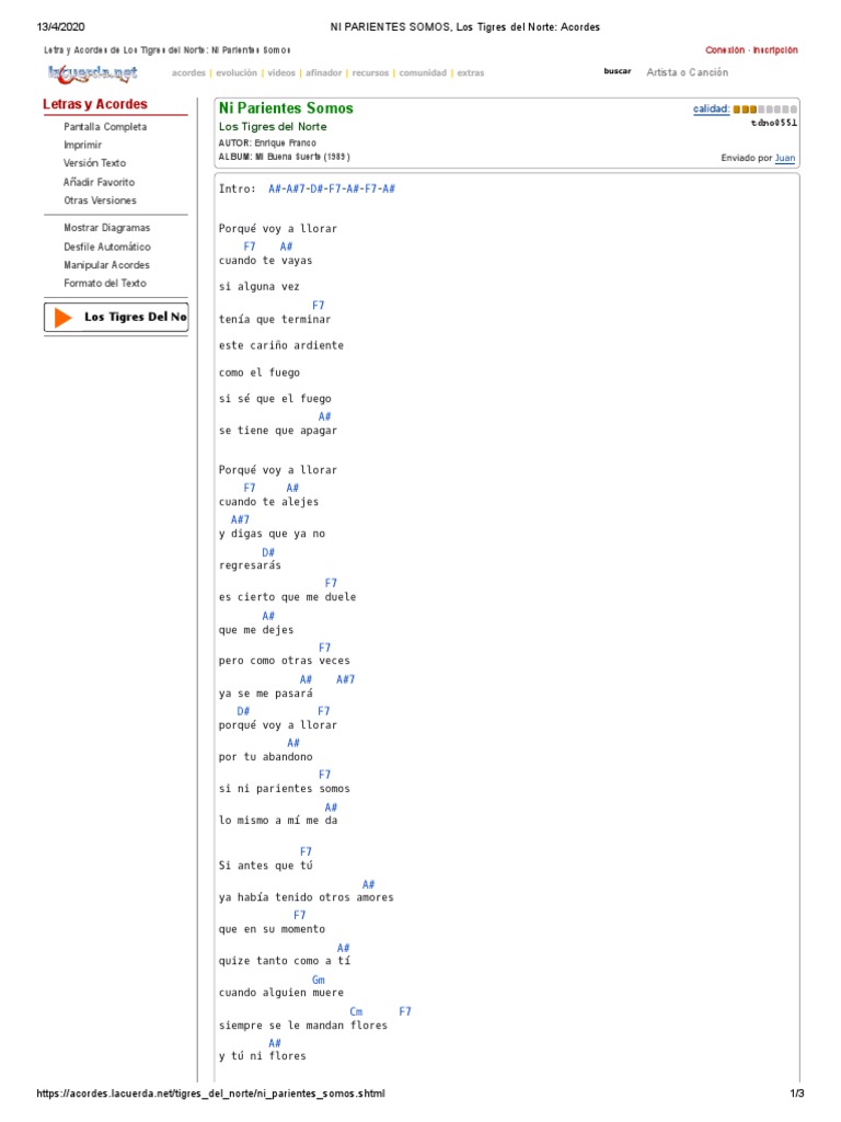 NI PARIENTES SOMOS, Los Tigres Del Norte - Acordes | PDF
