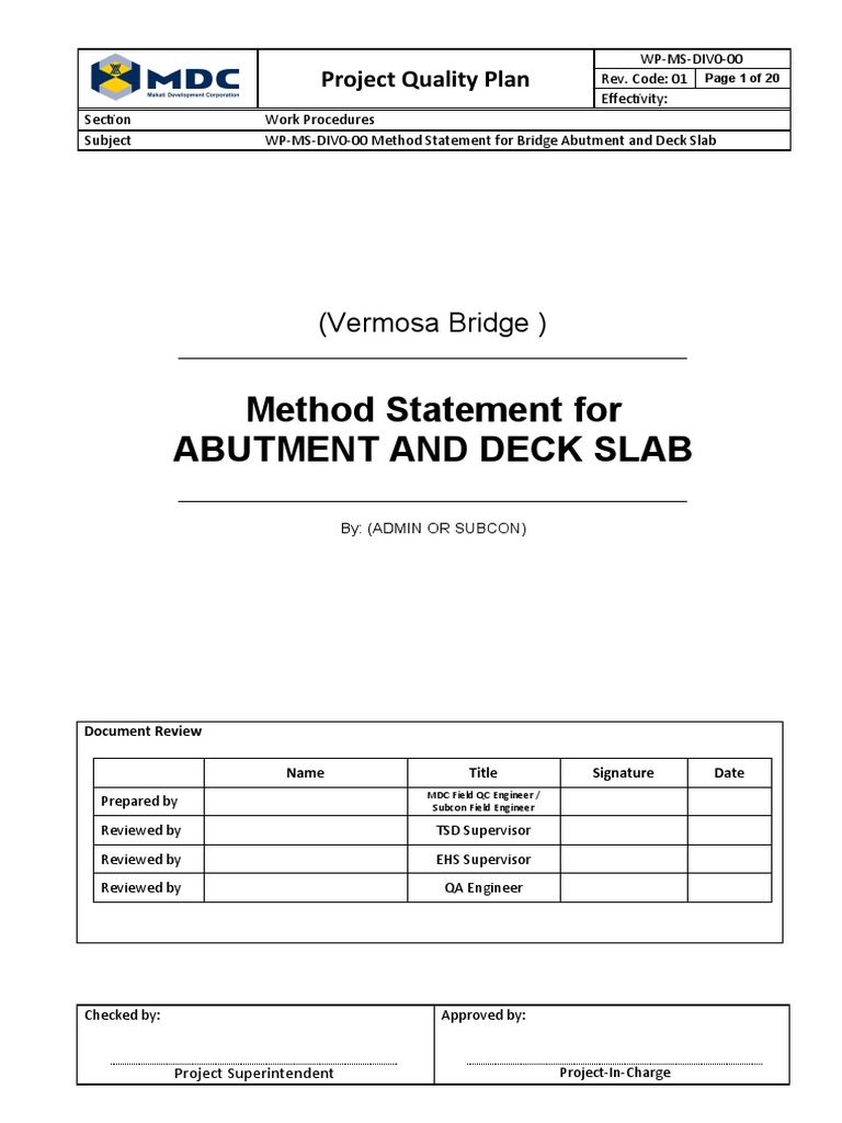 Bridge Abutment and Deck Slab Method Statement | PDF | Concrete | Deep ...