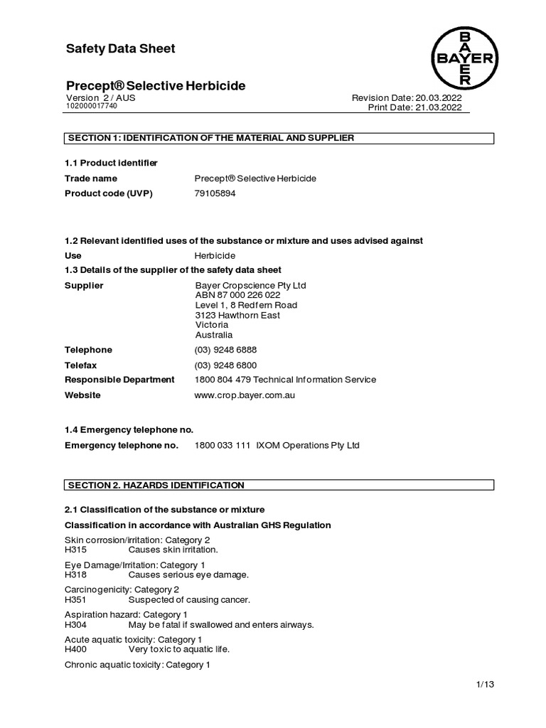 Precept Selective Herbicide SDS PDF Toxicity Dangerous Goods