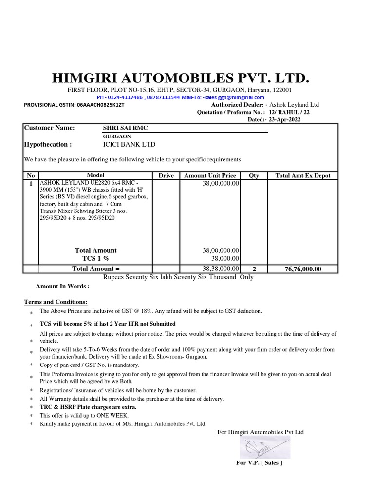 HIMGIRI AUTOMOBILES PVT. LTD. QUOTATION FOR 2 ASHOK LEYLAND UE2820 6X4