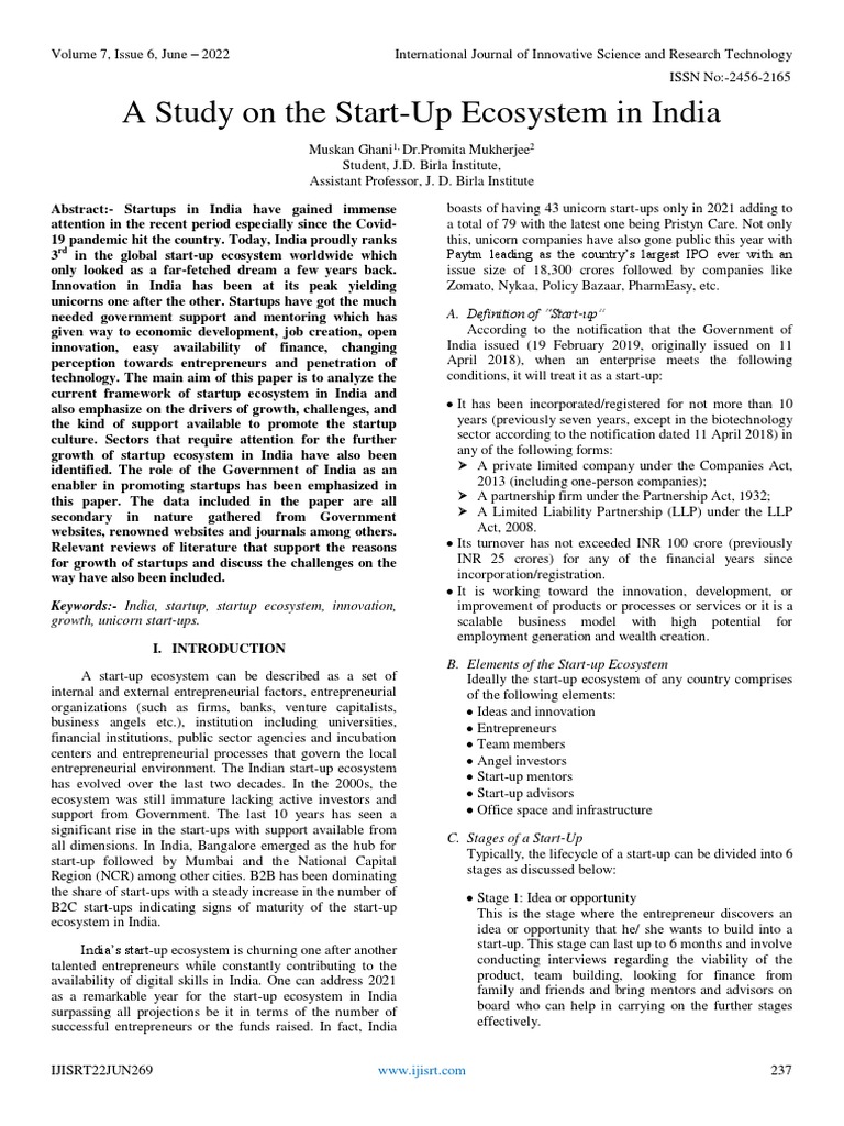 A Study On The Start Up Ecosystem In India Pdf Small Business