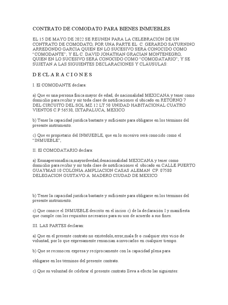 Contrato de Comodato para Bienes Inmuebles | PDF