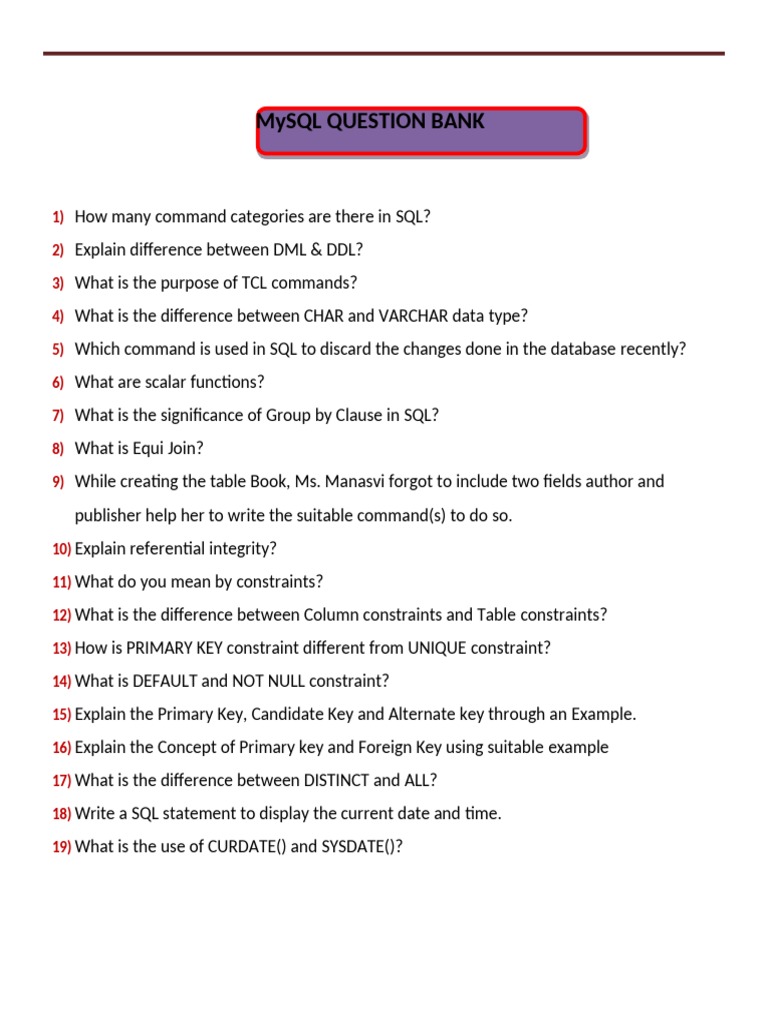 MySQL Question Bank | PDF | Data Model | Data Management