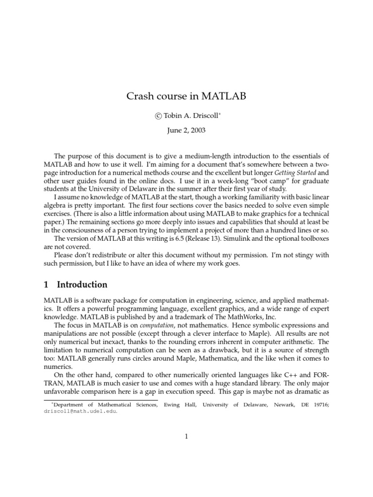 Matlab Crash Course in Matlab PDF