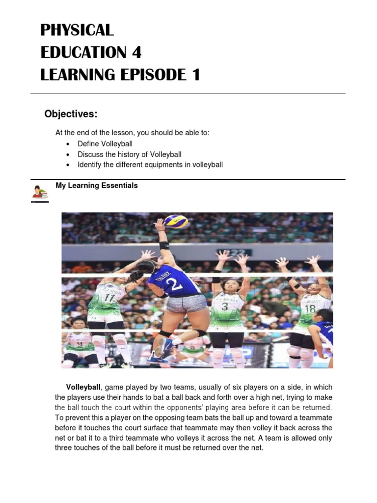 Physical Education 4 Learning Episode 1 Objectives PDF Volleyball Sports