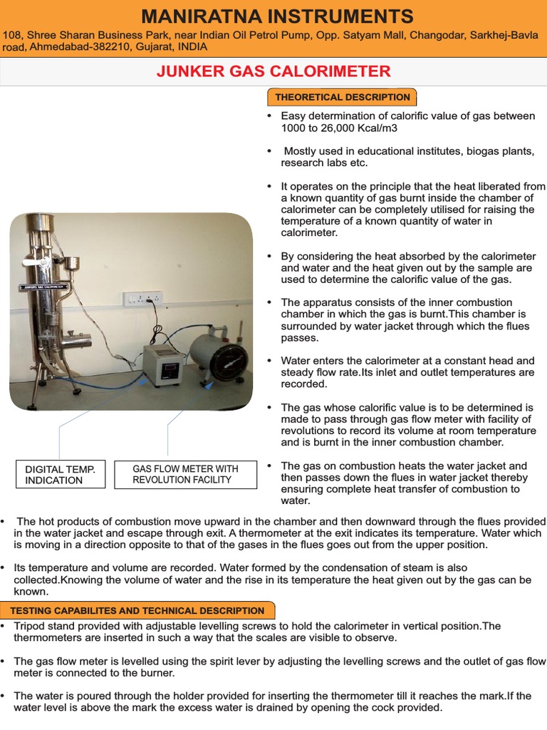 Junker Gas Calorimeter PDF Gases Heat