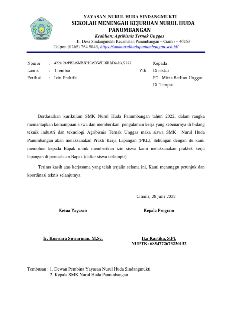 Surat Izin Pkl Tahap 2022 Mitra Berlian Unggas | PDF