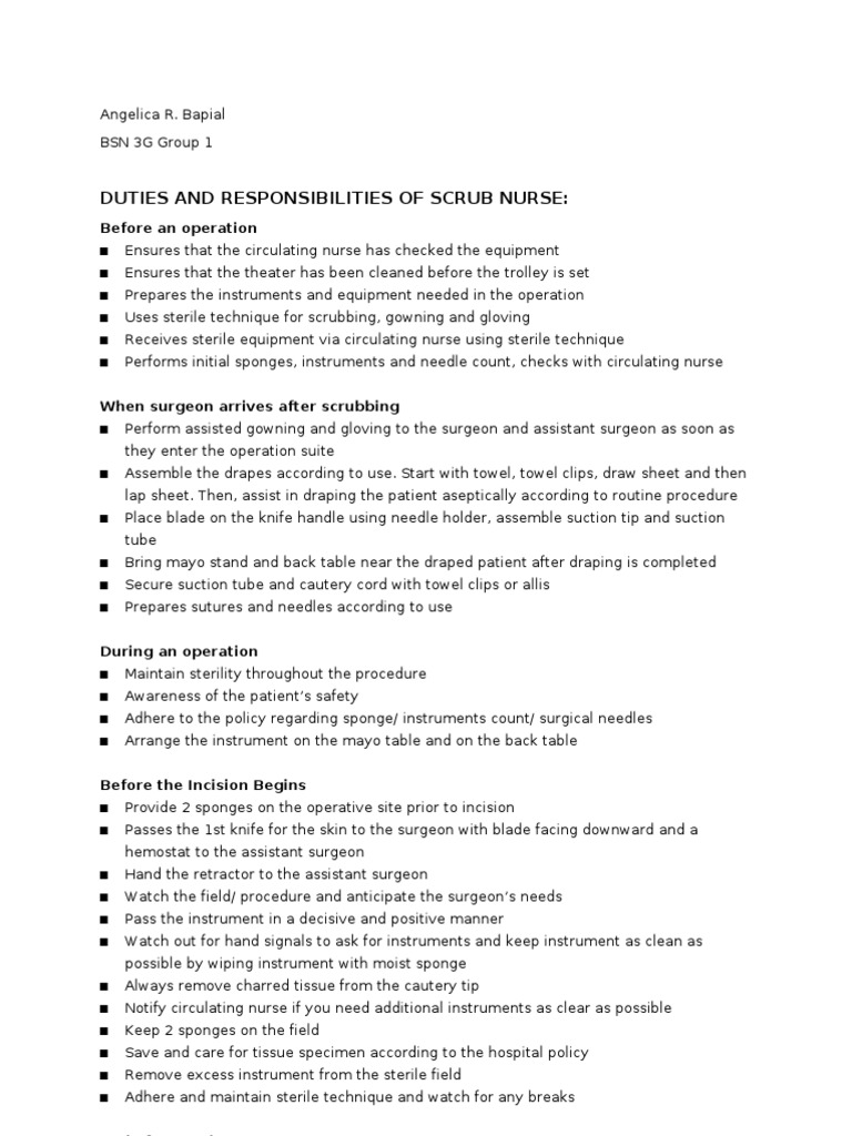 Duties and Responsibilities of Scrub Nurse Before An Operation PDF Surgery Health Care