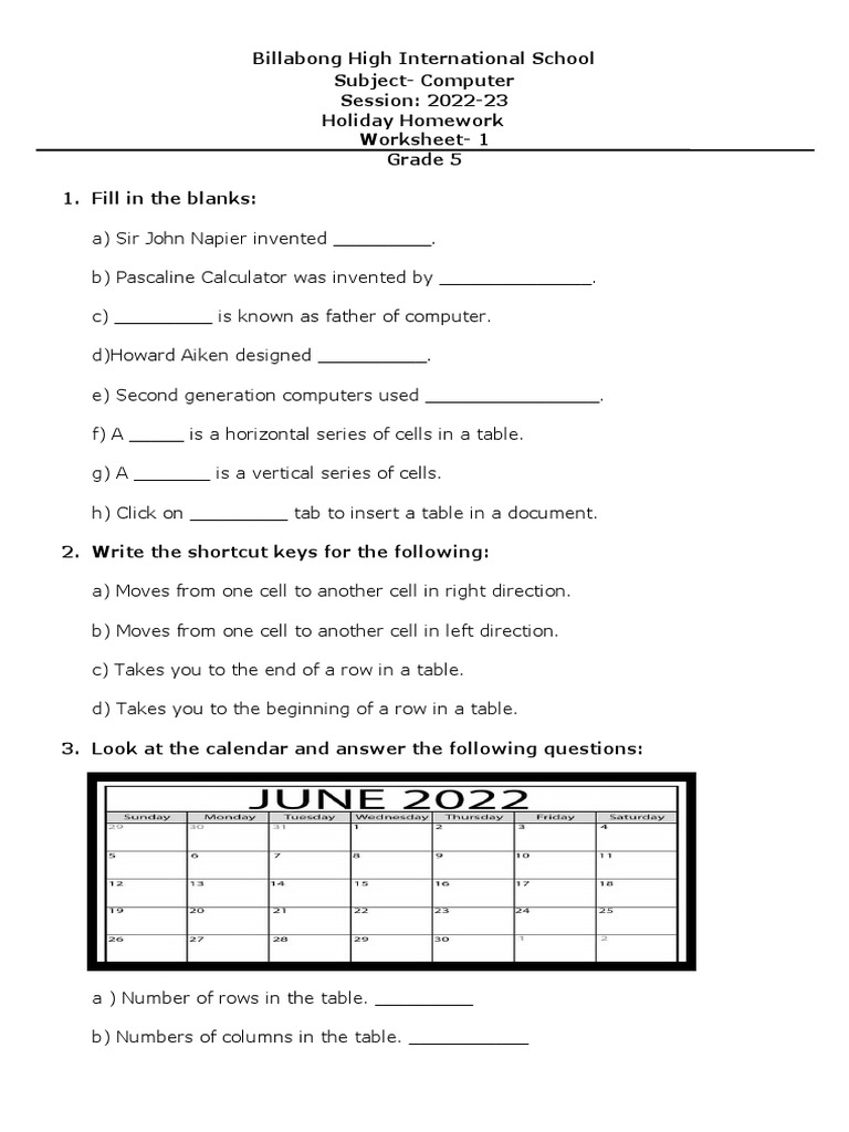 Grade 5 Holiday Homework Worksheet 1-3 | PDF