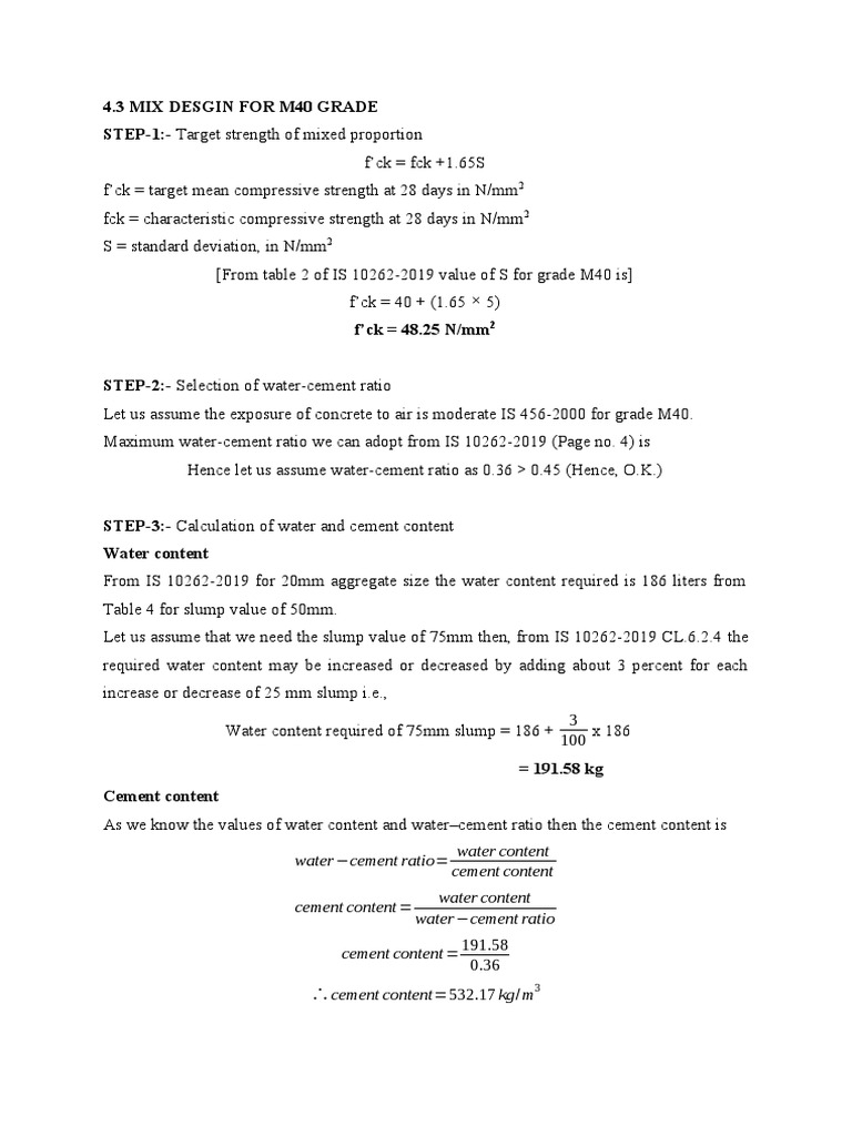 Calculation of Mix Proportions for M40 Grade Concrete Using IS 10262
