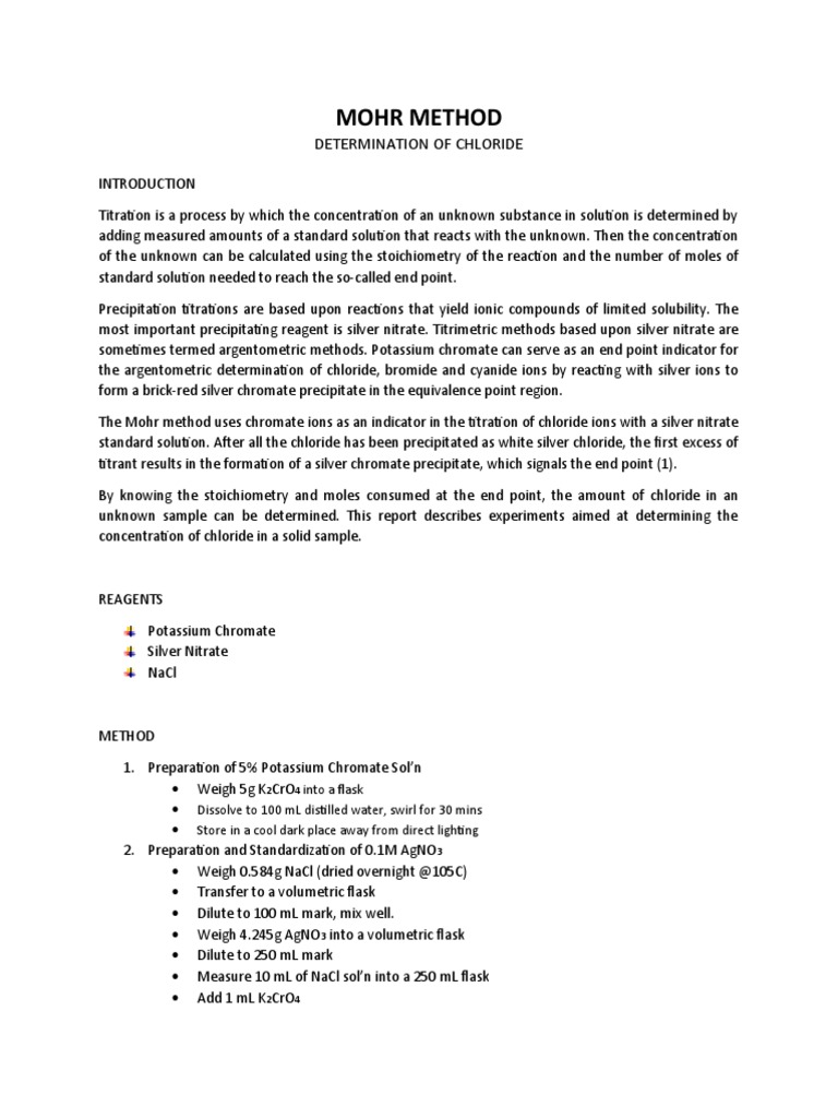 Mohr Method Determination Of Chloride Pdf Chemistry Titration