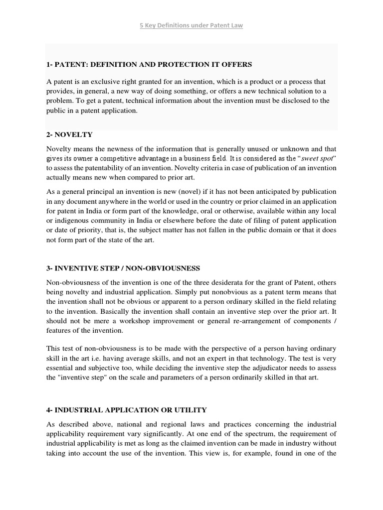 5 key definitions short notes pdf patent novelty patent 