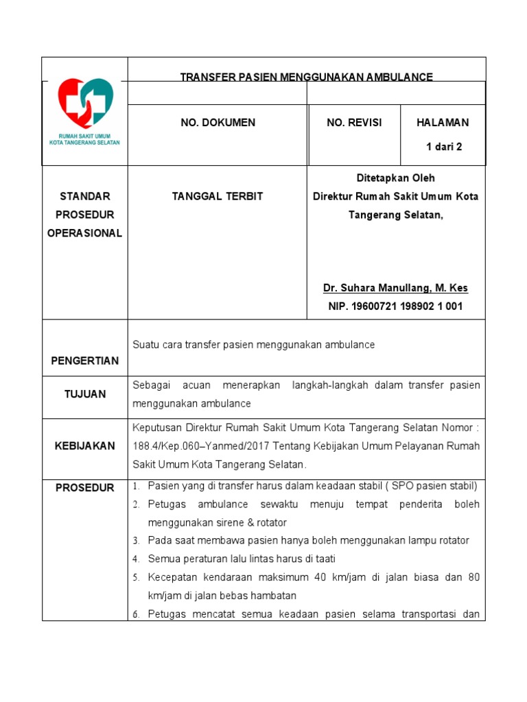 Prosedur Transfer Pasien Ambulance | PDF | Teknologi & Rekayasa