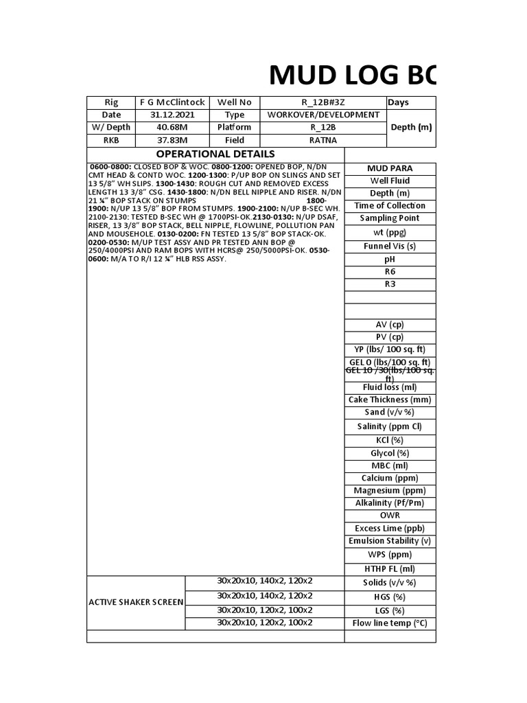 Workover Mud Log: Rig F G McClintock | PDF | Parts Per Notation ...
