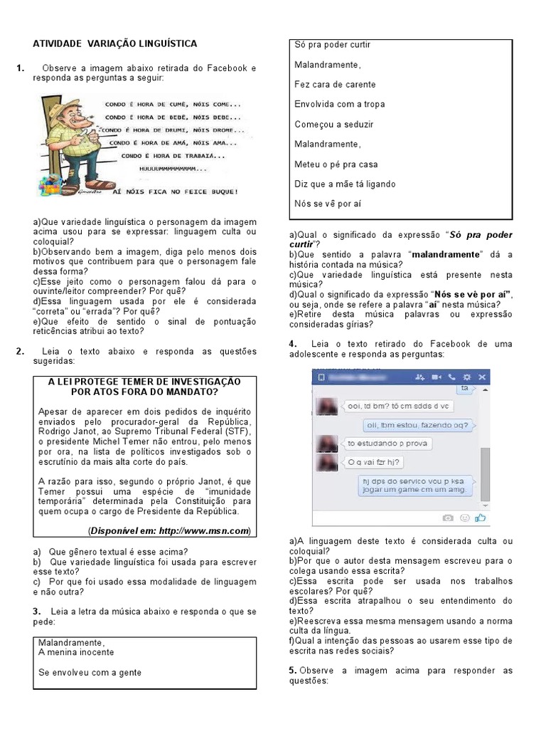 Exercícios de Variação Linguística para Ensino Médio | PDF ...