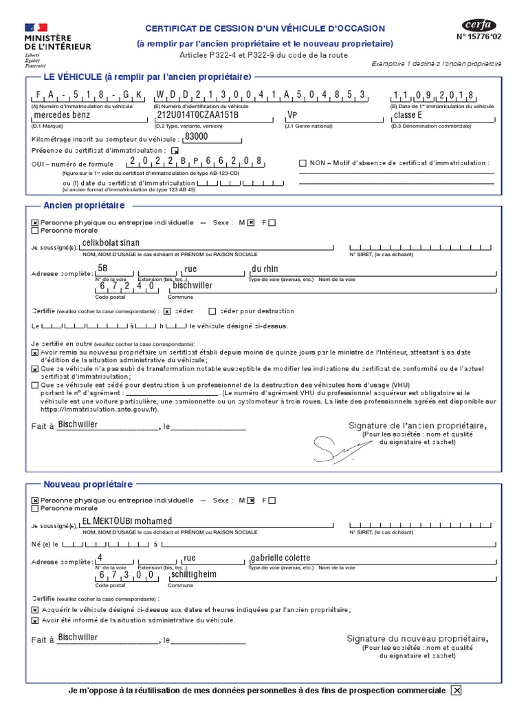 Certificat De Cession V hicule D occasion PDF Transport V hicules