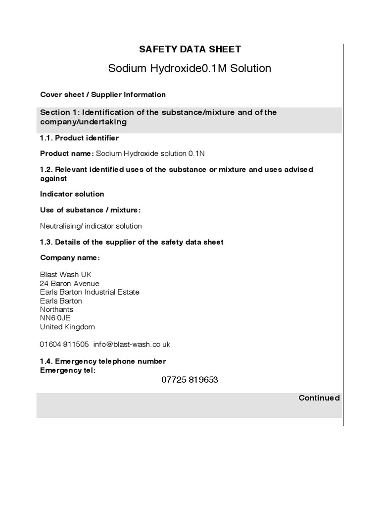 Sodium Hydroxide 0.1M Safety Data Sheet | PDF | Sodium Hydroxide | Water